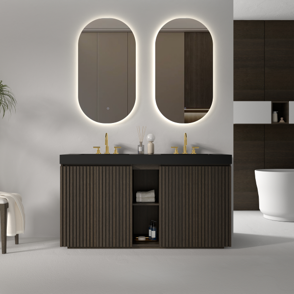 GALAN 60F" Smoked Oak Bathroom Vanity in Modern Spa Bathroom, Closed Fluted Doors, Black Double Sink & Gold Faucet Fixtures