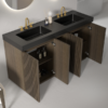 Open GALAN 60F" Smoked Oak Bathroom Vanity In Modern Bathroom, Full Divided Interior Storage & Integrated Black Double Sinks