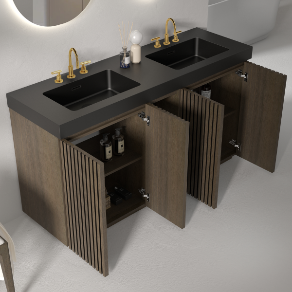 Open GALAN 60F" Smoked Oak Bathroom Vanity In Modern Bathroom, Full Divided Interior Storage & Integrated Black Double Sinks