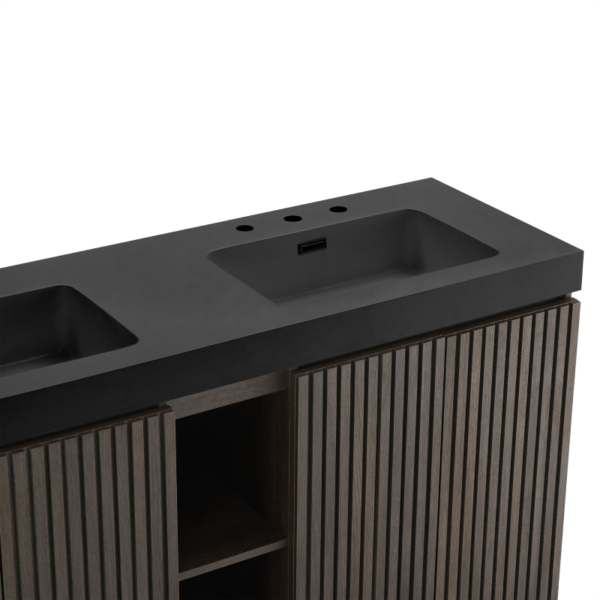 GALAN 60F" Smoked Oak Vanity Sink Close-Up, Matte Black Engineered Stone Integrated Basin with Pre-Drilled Faucet Holes